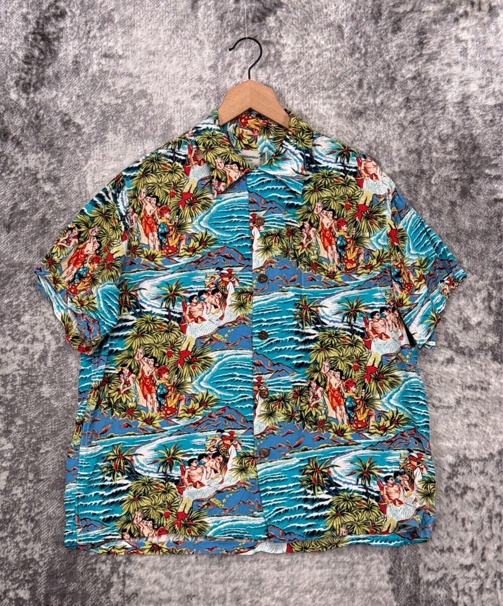 Vintage Kamehameha Hawaii Shirt Large Mens Hawaiian Print Casual Button